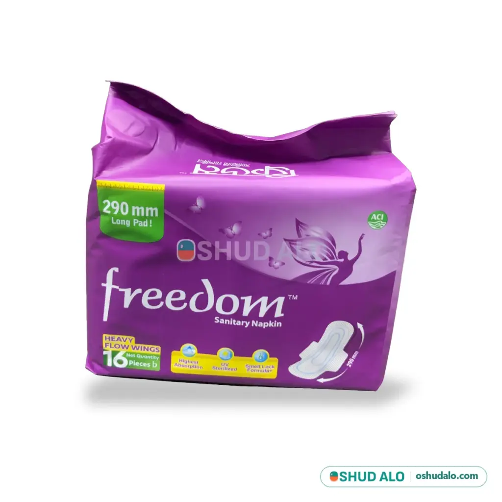 Freedom Sanitary Napkin Heavy Flow Wings 16 pieces, Front of Pack