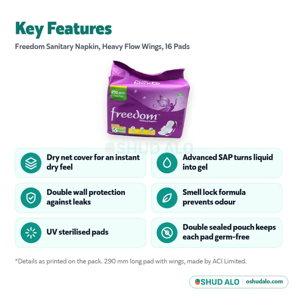 Freedom Sanitary Napkin Heavy Flow Wings 16 pieces, Features