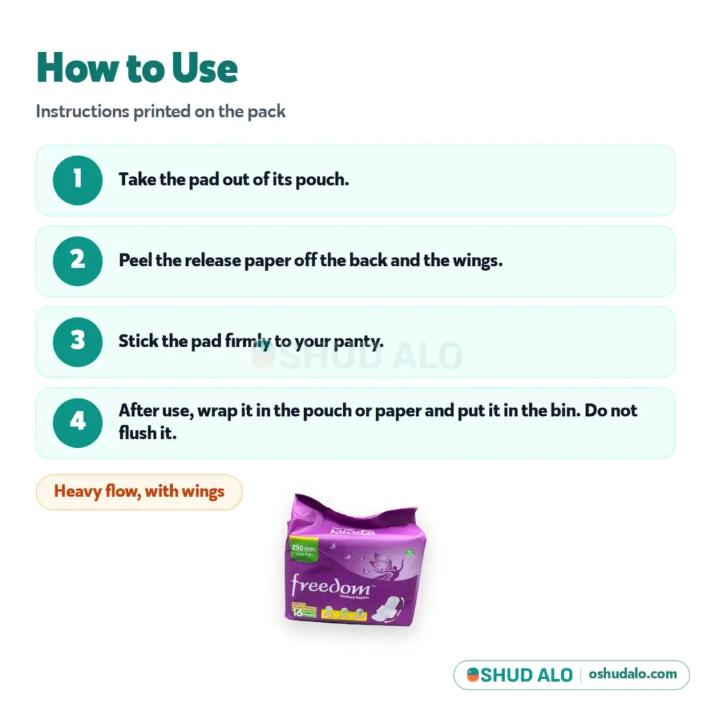 Freedom Sanitary Napkin Heavy Flow Wings 16 pieces, How to Use