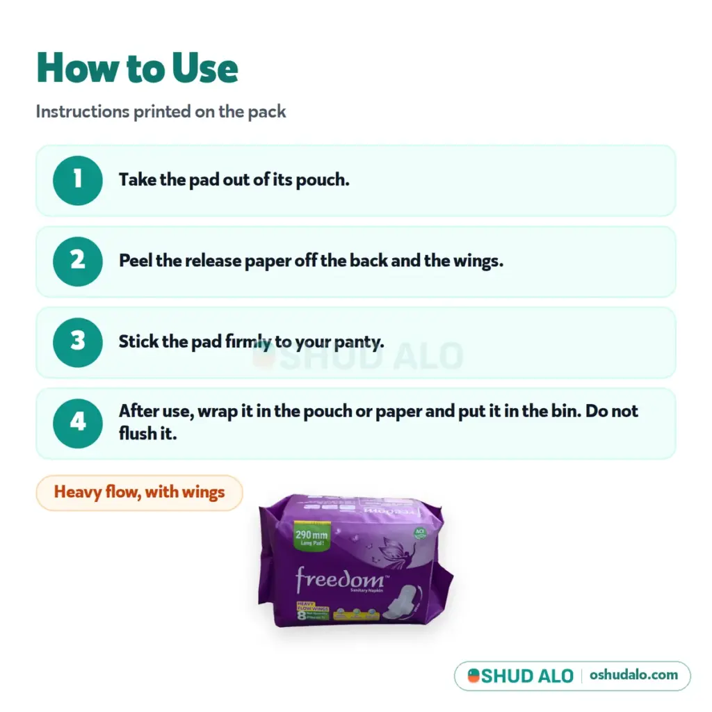 Freedom Sanitary Napkin Heavy Flow Wings 8 pieces, How to Use