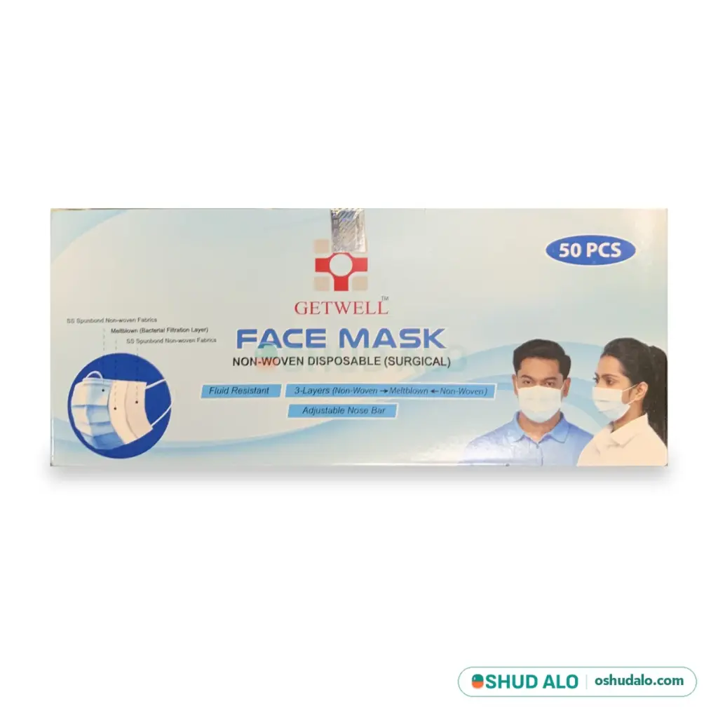 Getwell Surgical Face Mask 3 Ply, Front of Pack
