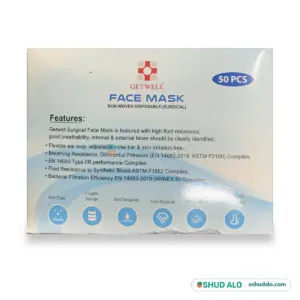 Getwell Surgical Face Mask 3 Ply, Back of Pack