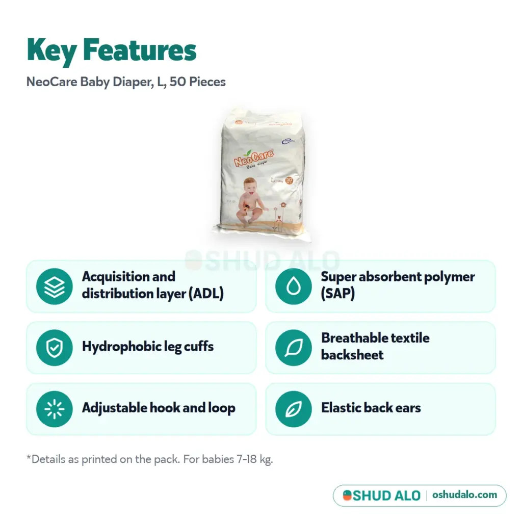 NeoCare Baby Diaper L (7-18 kg) · 50 pieces, Features