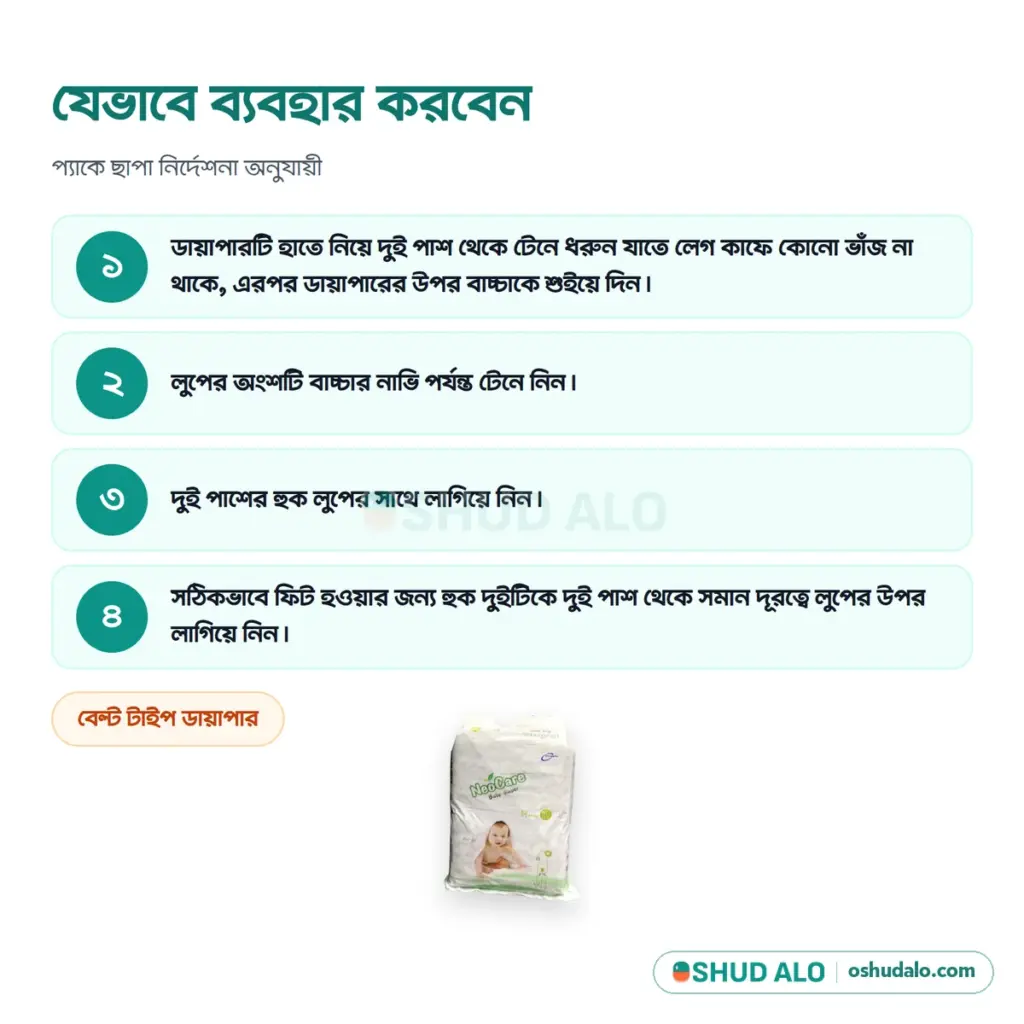 NeoCare বেবি ডায়াপার M (৪-৯ কেজি) · ৫০ পিস, যেভাবে ব্যবহার করবেন