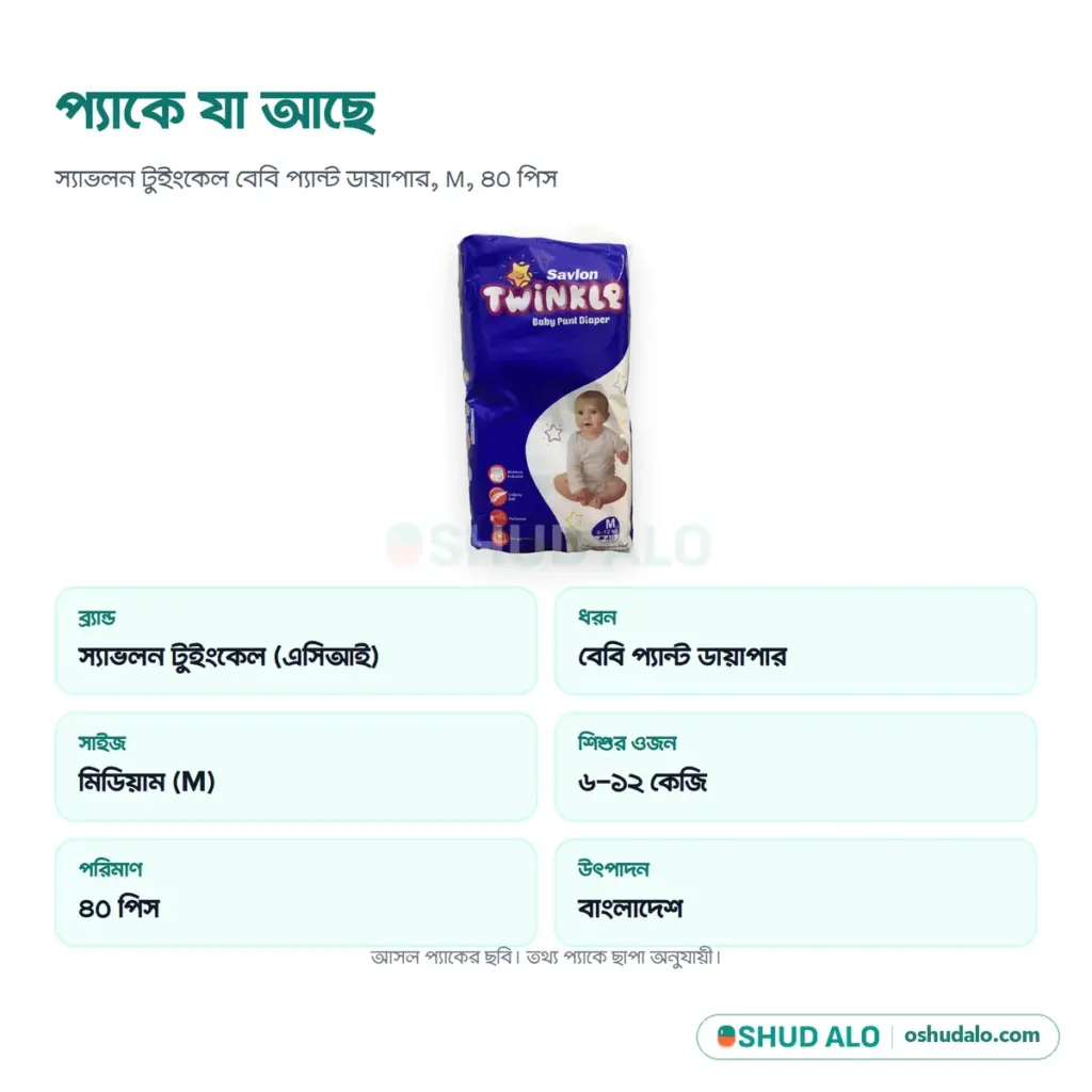 Savlon Twinkle বেবি প্যান্ট ডায়াপার M · ৪০ পিস, পণ্যের বিবরণ