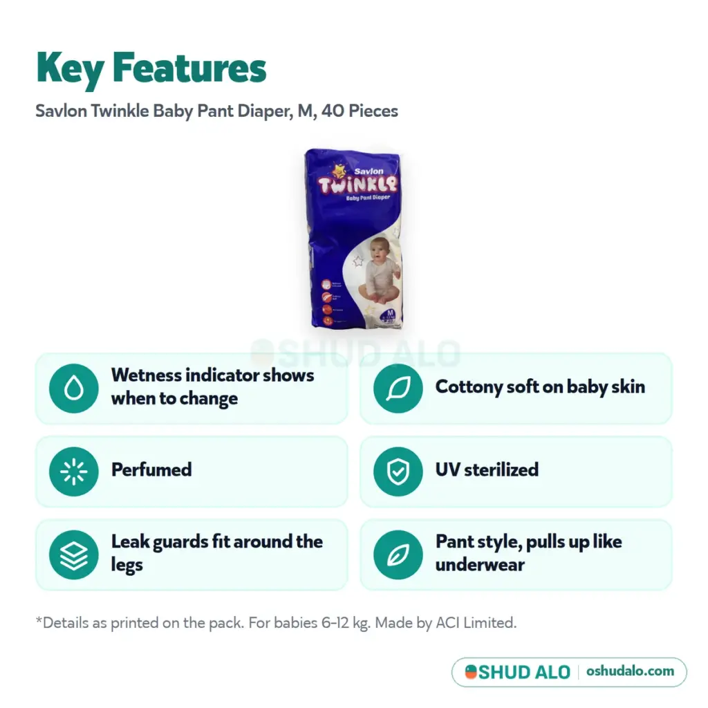 Savlon Twinkle Baby Pant Diaper M · 40 pieces, Features