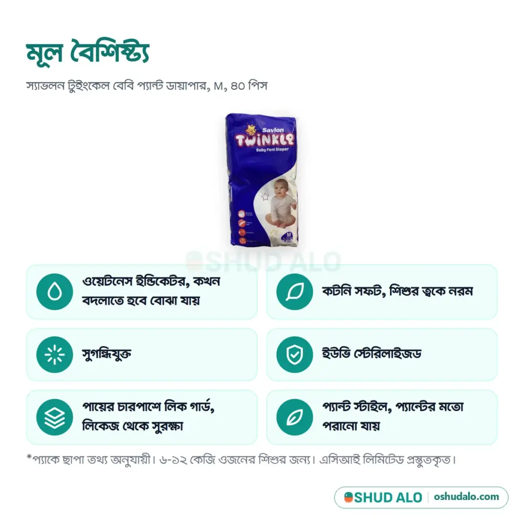 Savlon Twinkle বেবি প্যান্ট ডায়াপার M · ৪০ পিস, বৈশিষ্ট্য