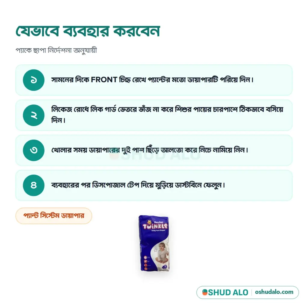 Savlon Twinkle বেবি প্যান্ট ডায়াপার M · ৪০ পিস, যেভাবে ব্যবহার করবেন