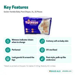 Savlon Twinkle Baby Pant Diaper XL · 32 pieces, Features