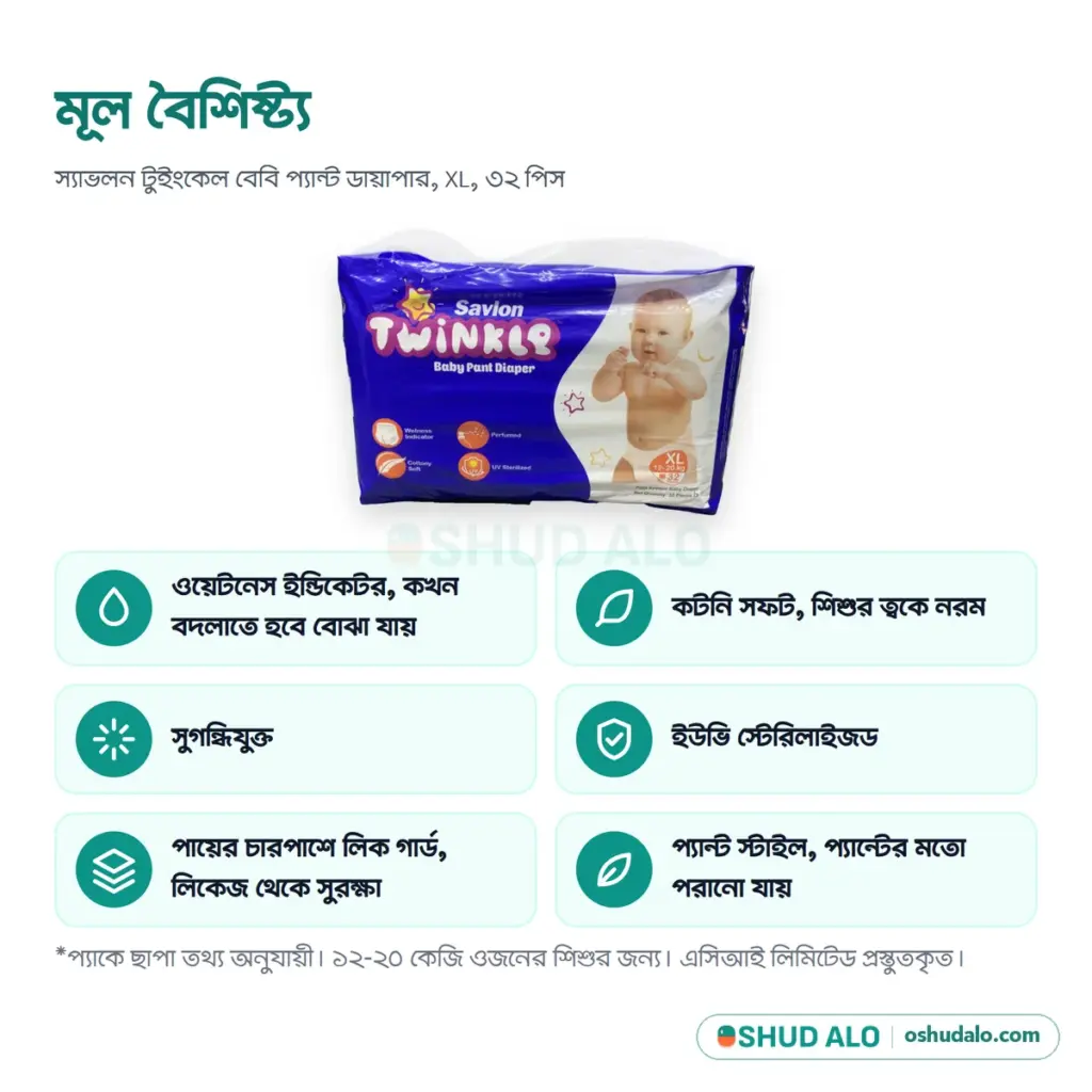 Savlon Twinkle বেবি প্যান্ট ডায়াপার XL · ৩২ পিস, বৈশিষ্ট্য