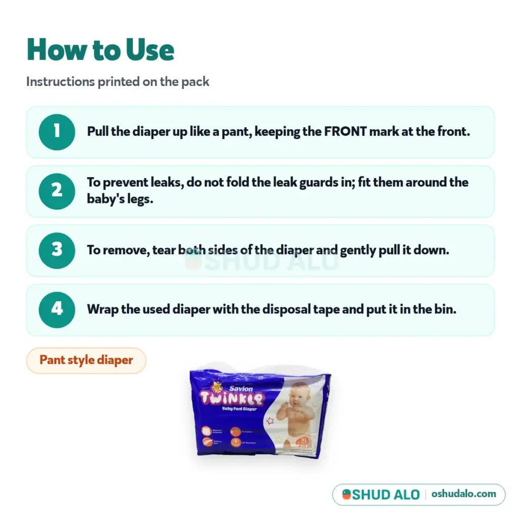 Savlon Twinkle Baby Pant Diaper XL · 32 pieces, How to Use