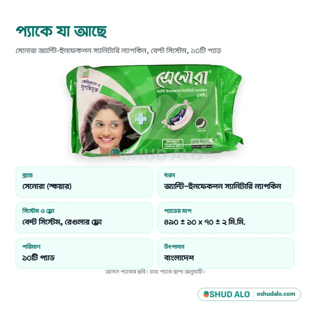 Senora স্যানিটারি ন্যাপকিন (বেল্ট সিস্টেম) ১০ প্যাড, পণ্যের বিবরণ