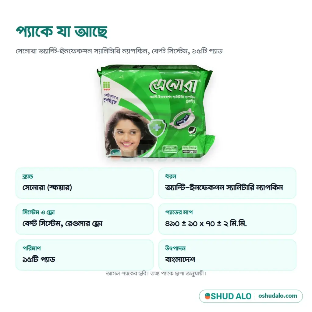 Senora স্যানিটারি ন্যাপকিন (বেল্ট সিস্টেম) ১৫ প্যাড, পণ্যের বিবরণ